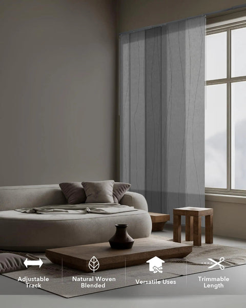 Adjustable Sliding Panel Track Door Blinds for Sliding Glass Doors installed in a living room, grey fabric, 4-panel system.