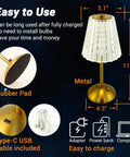 Diagram of Cordless Table Lamp With Rechargeable Battery, LED Touch Lamp, Stepless Dimmable, with measurements and features