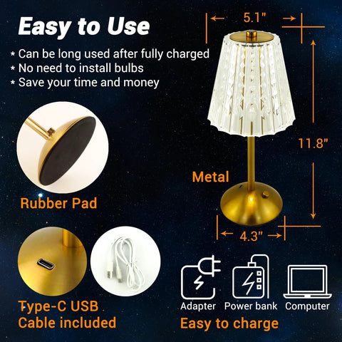 Diagram of Cordless Table Lamp With Rechargeable Battery, LED Touch Lamp, Stepless Dimmable, with measurements and features