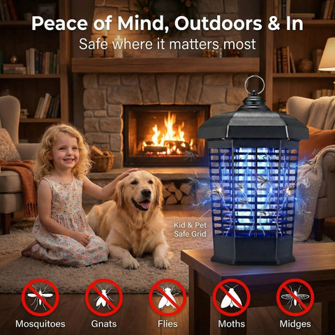 High Voltage 4200V Indoor Outdoor Killer Bug Zapper Lighthouse Shaped Insect Trap in living room with child, dog, fireplace