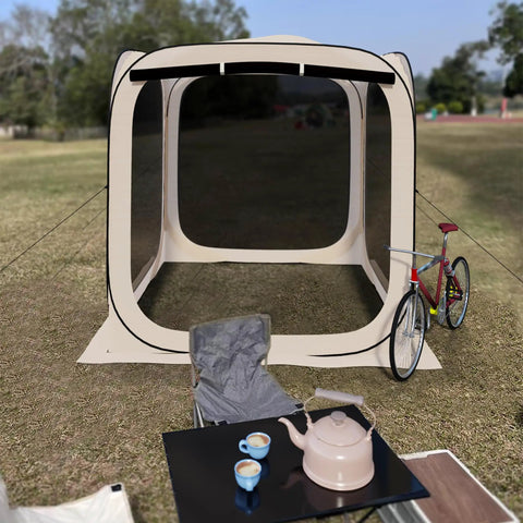 Pop Up Screen House Tent With Mosquito Net No Fuss Setup Portable Screen Room Gazebo For Patio Backyard Garden And Outdoor Events Foldable 6x6 Feet Canopy Shelter For Camping Picnics And Fun, shown in a garden with a bicycle and table.