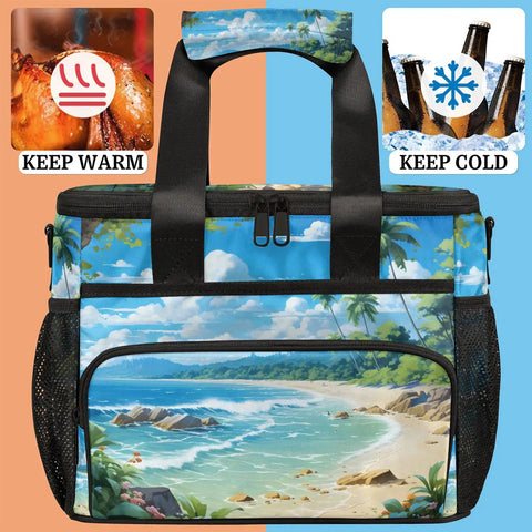 Insulated Picnic Backpack With Large Capacity Portable Lunch Bag for beach, work, travel, depicting warm and cold icons
