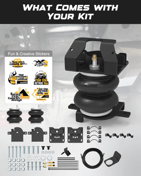 Heavy Duty Rear Air Bag Suspension Kit For Chevrolet Silverado 2500HD And GMC Sierra 3500HD 2011 Through 2026 kit components including airbags and brackets.