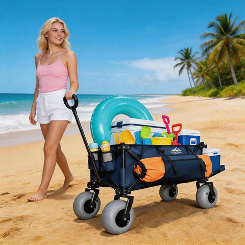 Woman pulling Large Capacity Beach Wagon For Sand With All Terrain Balloon Wheels 9x4 Inch 200L Capacity And 330Lb Heavy Duty Collapsible Cart