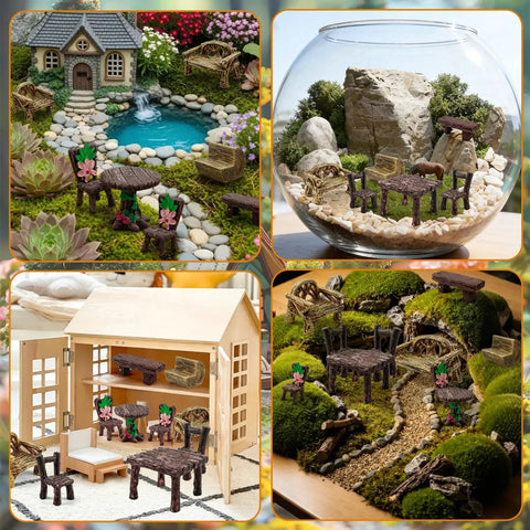 10 Piece Mini Garden Furniture Ornaments Set For Fairy Gardens And Cake Toppers Includes 2 Mini Tables 4 Cute Tiny Chairs 2 Benches And 2 Backrest Chairs Resin Micro Landscape Decor For Succulents And Pots displayed in dioramas