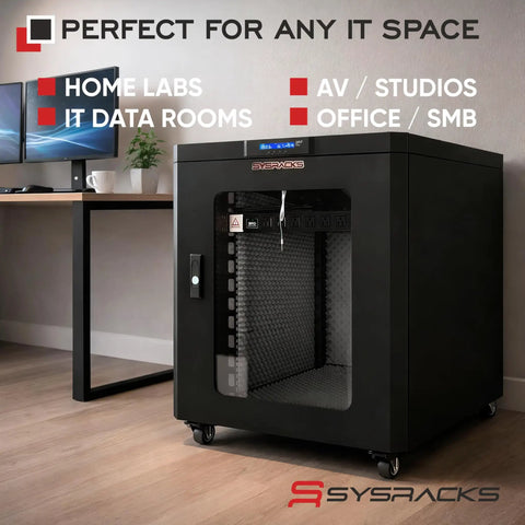 Quiet Sound Dampened 19 Inch Server Rack Cabinet With Dual Exhaust Fans in office setting, locking glass door closed.