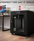 Zero Drama Acoustic 18U Server Rack, 19 Inch Network Enclosure With Thermostat Fan Control And Locking Glass Door in modern office setting.