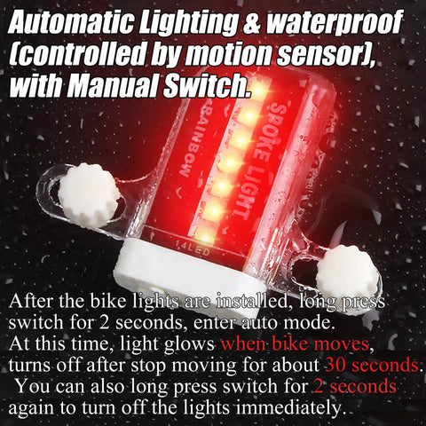 Close-up of Led Bike Wheel Lights A12 Waterproof Bicycle Tire Lights 2 Pack Spoke Lights with auto and manual dual switch.