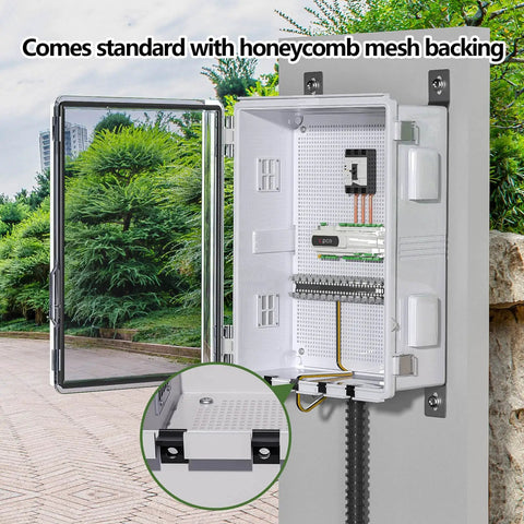 Hella Tough ABS Electrical Junction Box With Ventilated Channels And Cable Grommets Straight Up IP65 Weatherproof Enclosure open showing interior components.