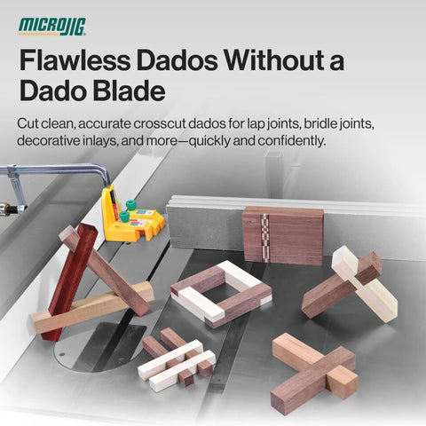 GRR-RIPPER MF-1004 Match Fit Dado Stop Pro Kit For Dead-On Precise Dados On Any Table Saw Fast Setup Simple Alignment Durable Yellow Finish Perfect Dados Every Time featured with wooden cross joints and table saw setup.
