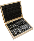 Top Shelf 16 Piece Metric Wave Cutter Forstner Bit Set inside a wooden case featuring foam for secure storage.