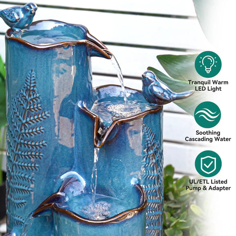 Totally Dope 32 Inch Tall Ceramic Outdoor Water Fountain With Led 4 Tier Tropical Cascading Waterfall Turquoise Glaze Embossed Fern Pattern