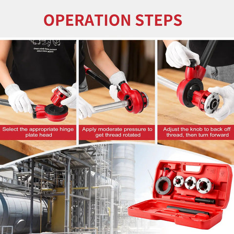 Ratchet Pipe Threader Kit With Three Dies One Half Inch Three Quarter Inch One Inch NPT And Storage Case shown with usage steps