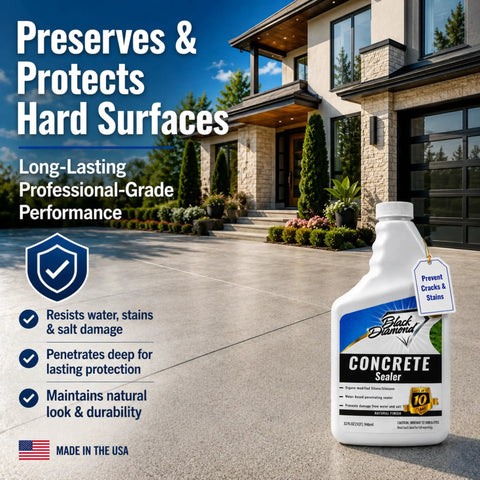 Bomb Proof Clear Concrete Sealer Water Based Waterproofing Spray Slap It On Driveways Or Patios For Crack Free Dry Ground And Stain Proof Grout Low Odor Real Tough Coverage 4 Gallon next to a modern home and driveway.