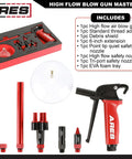 Heavy Duty Aluminum Die Cast High Flow Air Blow Gun Master Set with nozzles, 6-inch extension, and debris shield components.