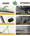 Comparison chart showing Dual Action Dethatcher Rake With 21 Tines And Adjustable Long Handle From 40 To 70 Inches Heavy Duty Metal Thatch Rake For Lawn Care Soil Aeration Turf And Artificial Grass highlighting high carbon steel, sturdy pole, and strong welding versus a less durable rake prone to rust, damage, and breaking.