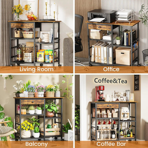 Microwave Stand With Wheels 6-Tier Rolling Cart Adjustable Shelves Kitchen Island Storage in various settings