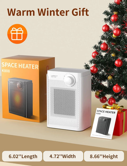 Compact Indoor Electric Space Heater 1200W PTC Fast Heating displayed near Christmas tree and packaging box