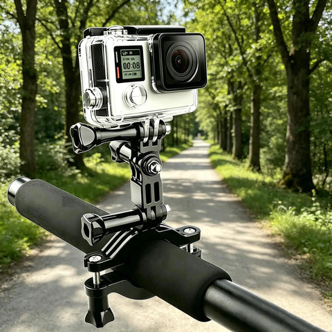 3 Way Adjustable Action Camera Pivot Arm Kit With Long And Short Extensions, Same And Vertical Direction Joints, Polycarbonate Mounts, Includes Four Long And Short Pivot Arms And Four Thumbscrews For Flex Shot Angles mounted on handlebar