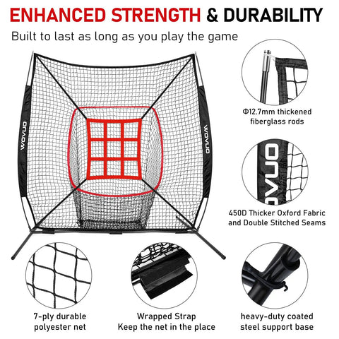 7x7 Ft Baseball And Softball Hitting And Pitching Net With Strike Zone Tee Ball Caddy And Durable 7 Ply Knotless Netting Heavy Duty Steel Base Built To Take Hard Hits For Kids Teens And Adults Practice, showcasing net structure and components.
