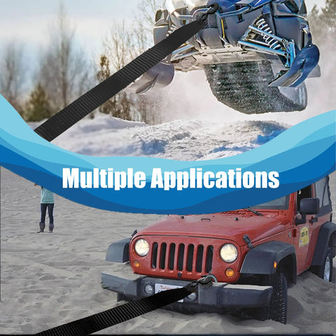 Heavy Duty Boat Trailer Winch Strap With Hook 2 Inch By 20 Foot, shown securing boat and Jeep towing applications