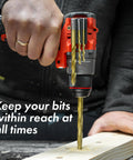 Person using impact driver with Magnetic Bit Holder For Impact Drivers And Drills, Durable Silicone Sleeve, No Loose Bits, Fits Dewalt Makita Klein Bosch Milwaukee, Pro Grade Drill Accessory For Quick Bit Changes.