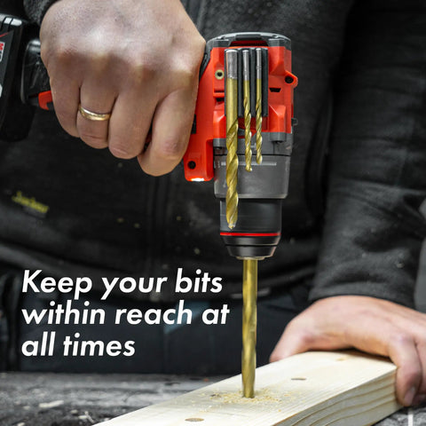 Person using impact driver with Magnetic Bit Holder For Impact Drivers And Drills, Durable Silicone Sleeve, No Loose Bits, Fits Dewalt Makita Klein Bosch Milwaukee, Pro Grade Drill Accessory For Quick Bit Changes.