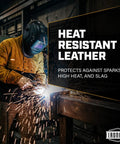 Heavy Duty Cowhide Leather Welding Cape Jacket Built Tough To Kick Some Serious Spatter And Block Extreme Heat Features Soapstone Storage Pockets And Adjustable Wrist Snaps For Ultimate Shop Protection, worn by a welder.