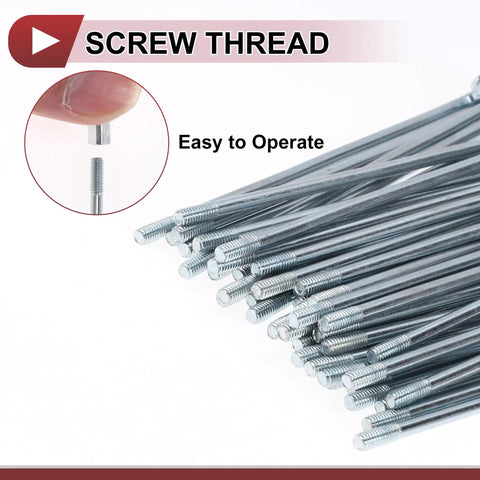 Close-up of 48 Piece Set Of 10G Bicycle Spokes 125mm Silver Tone Galvanized Carbon Steel Wheel Spokes with screw thread detail.