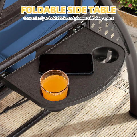 Foldable side table of Three Seat Outdoor Porch Patio Swing With Adjustable Canopy And Cup Holder, 3 In 1 Convertible Swing Bed