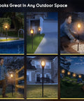 Solar Torch Light With Realistic Flickering Flame, Waterproof Outdoor Tiki Torches With 96 LED Bulbs Creating A Realistic Fire Look, No Wires Needed, Easy Setup, Durable Outdoor Lighting, 4 Pack installed in garden yard