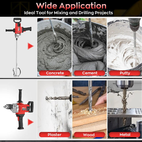 Power Drill Mixer 3200W 110V Corded Concrete Mixer With Variable Speed for mixing concrete, cement, putty, plaster, wood, and metal.