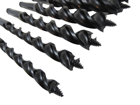 Six Piece Wood Auger Bit Set With Diameters Three Eighth One Half Five Eighth Three Quarter Seven Eighth And One Inch, black PTFE coating