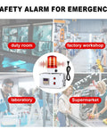 Industrial Cycle Timer Siren Alarm With Adjustable 5 To 115 Decibel Loud Volume And Auto Repeat Timing Plus Bright Red Flashing Warning Light for safety in various settings like duty room, factory workshop, laboratory, and supermarket.