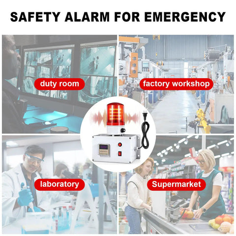 Industrial Cycle Timer Siren Alarm With Adjustable 5 To 115 Decibel Loud Volume And Auto Repeat Timing Plus Bright Red Flashing Warning Light for safety in various settings like duty room, factory workshop, laboratory, and supermarket.