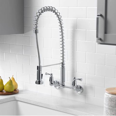 Dual Handle Commercial Style Wall Mount Kitchen Faucet With Pull Down Nozzle Chrome High Arc Spout 1.8 GPM Flow in kitchen