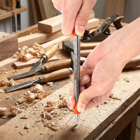 Using a tool from the 4 Piece Dual Head Nail Setter And Center Punch Kit With Hammerless Cold Chisel And Hinge Pin Removal on wood