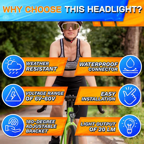 Ebike Headlight With 2 Pin Waterproof Connector For 6 To 60V Systems, Easy To Install LED Light With Stainless Steel Bracket, 20 Lm Output, Weather Resistant For Night Riding