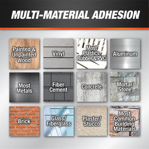Multi-material adhesion chart for Gutter And Flashing Sealant In Clear 9 Oz Tube Extreme Temperature Flexible Hybrid Polymer Caulk