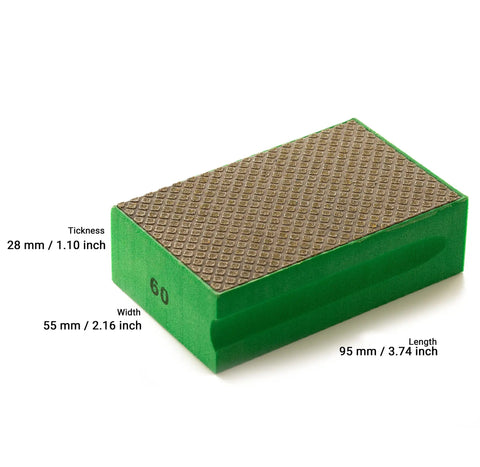 Diamond Hand Polishing Pad Grit 60 Very Coarse Foam Sanding Block, size 3.74 x 2.16 x 1.1 inches, green with diamond texture