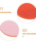 Close-up of orange nylon hook and loop sanding discs highlighting material texture and easy replacement feature.