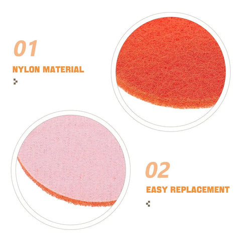Close-up of orange nylon hook and loop sanding discs highlighting material texture and easy replacement feature.