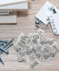Adjustable Screw On Furniture Leveling Feet 20 Pack With Non Slip PVC Pads For Desk, Table, Chair And Cabinet Legs, silver feet and screws on wood surface