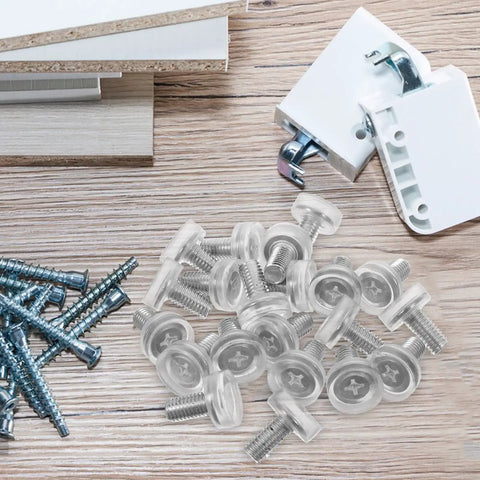 Adjustable Screw On Furniture Leveling Feet 20 Pack With Non Slip PVC Pads For Desk, Table, Chair And Cabinet Legs, silver feet and screws on wood surface
