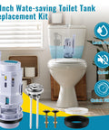3 Inch Dual Flush Valve Replacement Kit With Top Push Button For Two Piece Toilets Includes Tank To Bowl Gasket And Bolts Durable ABS Valve Kit Leak Free Seal Easy To Install showing components next to a toilet.