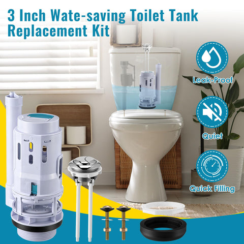 3 Inch Dual Flush Valve Replacement Kit With Top Push Button For Two Piece Toilets Includes Tank To Bowl Gasket And Bolts Durable ABS Valve Kit Leak Free Seal Easy To Install showing components next to a toilet.