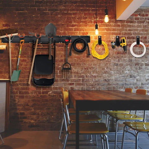 Heavy Duty Garden Tool Organizer Wall Mount Rack With Six Steel Hooks 48 Inch holding tools against brick wall