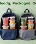 48 Piece Deli Container Set With Lids, 16oz And 32oz Options, shown in backpacks filled with food for easy transport