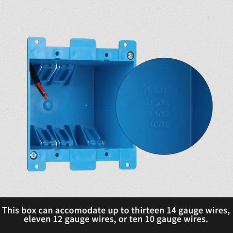 Two Gang PVC Old Work Retrofit Standard Switch And Outlet Wall Box Non Metallic Blue 25 Cu In Capacity ETL Listed DIY Friendly Install For Home Wiring Non Conductive Junction Box Durable Plastic Construction For Residential Use