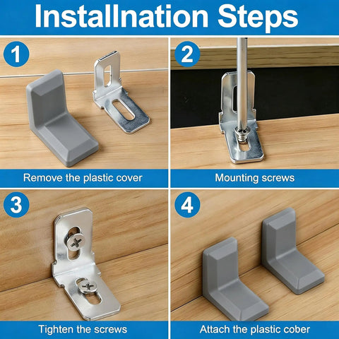 Installation steps of Gray Furniture Anti Tip Anchors 12 Pack for Wall Attachment with plastic and iron components.
